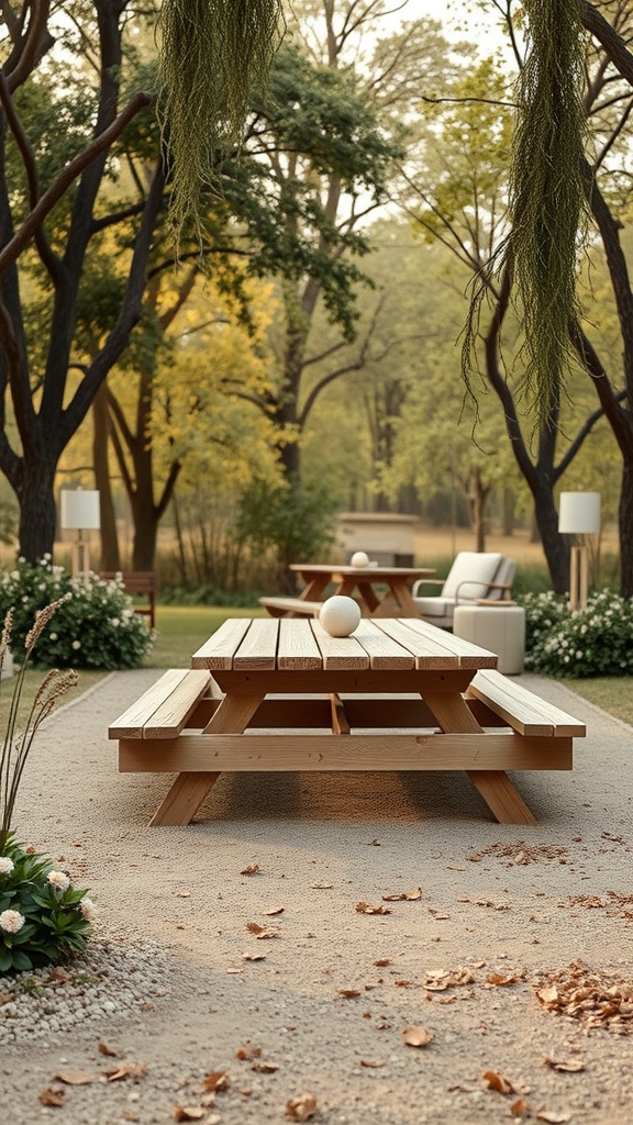 A low wooden picnic table in a serene outdoor setting surrounded by trees and flowers.