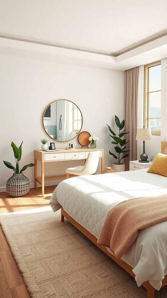 A bright and cozy bedroom featuring a vanity and desk combo, with a bed, plants, and natural light.
