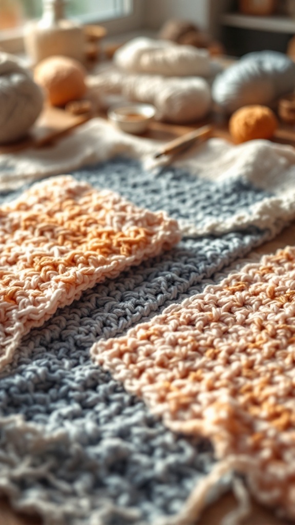 A close-up view of a crochet project showcasing various stitch patterns in pastel colors.