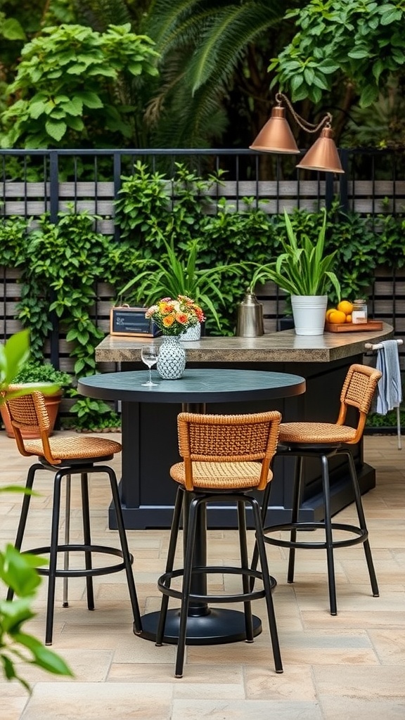 Backyard bar setup with stylish bar stools and a round table surrounded by greenery