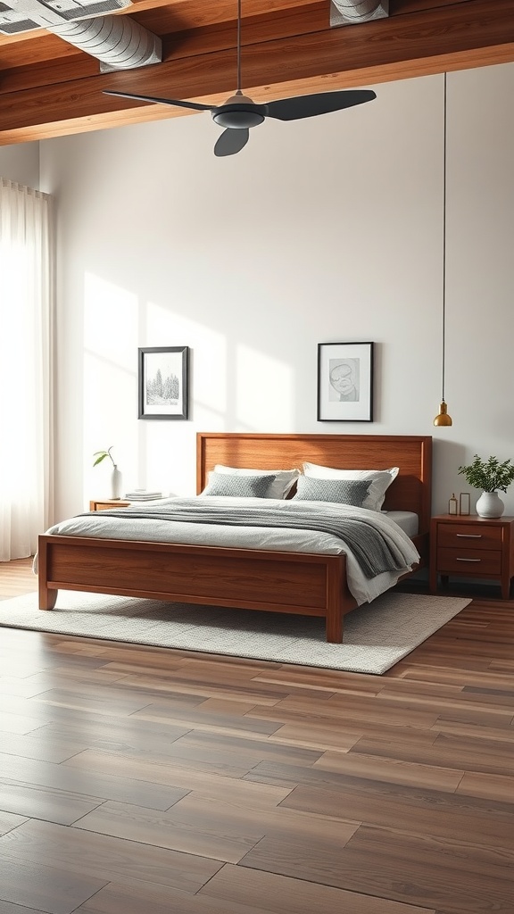 A classy bedroom featuring a wooden bed frame, soft linens, and stylish decor.