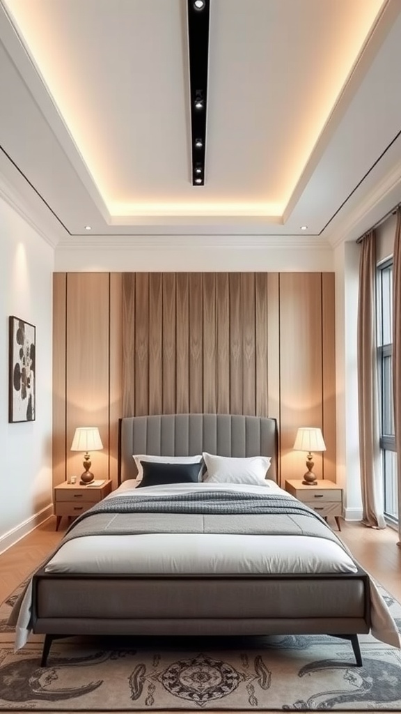 A modern bedroom featuring a stylish bed frame with an upholstered headboard, wooden paneling, and nightstands.