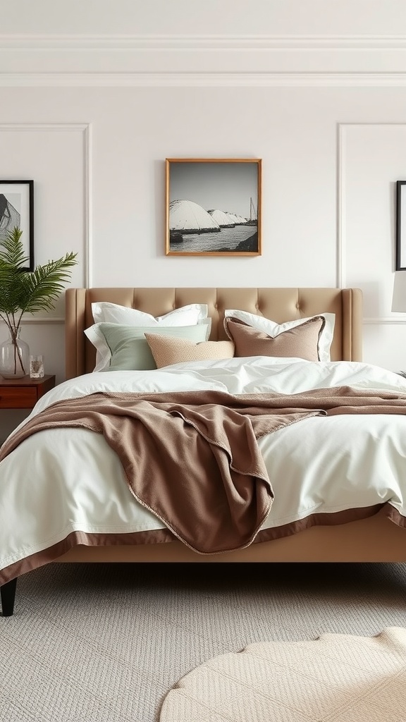 Chic mom bedroom featuring soft bedding, stylish pillows, and a warm color palette.