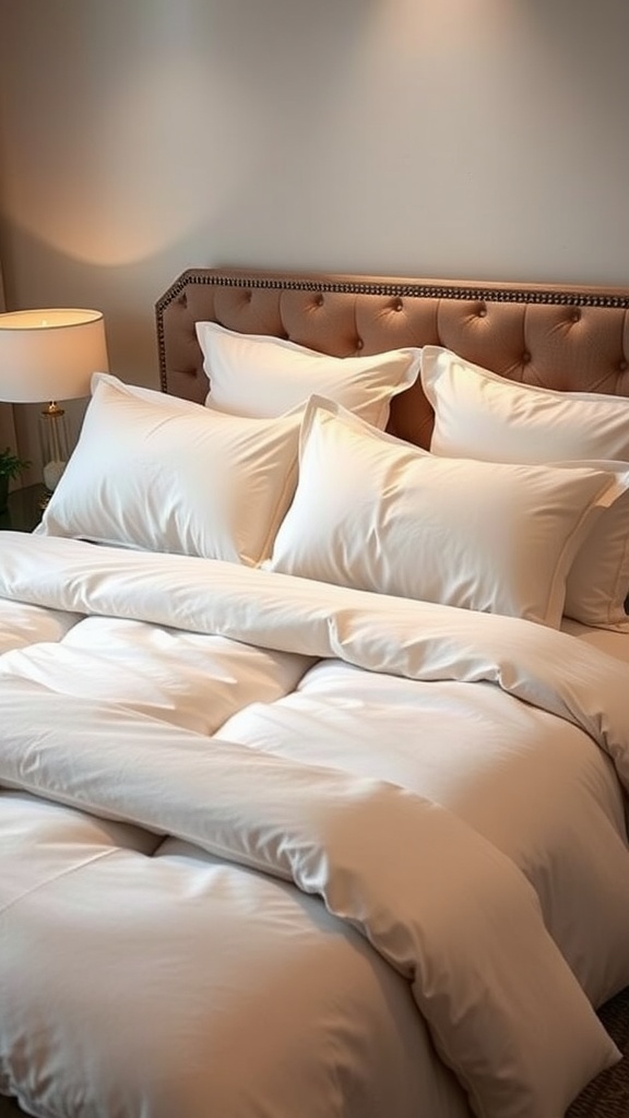 A neatly made bed with plush pillows and a soft comforter in a cozy guest bedroom.