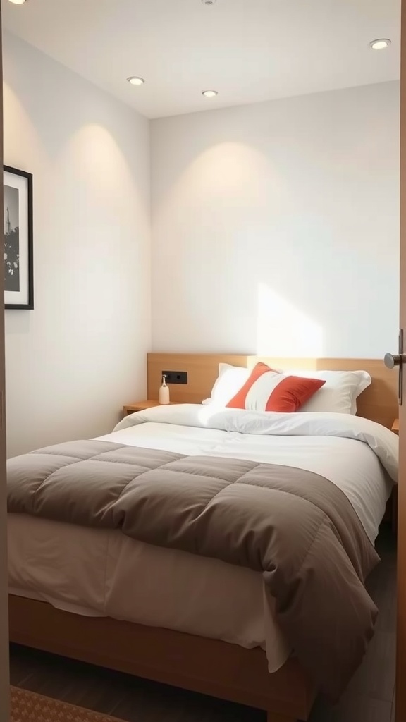 Cozy small bedroom featuring a neatly made bed with gray bedding and accent pillows, showcasing a bright and inviting atmosphere.