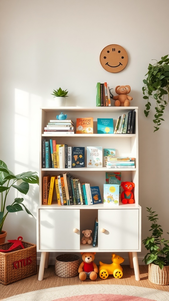 A children's bookshelf filled with colorful books and toys, featuring a smiling wall decoration.