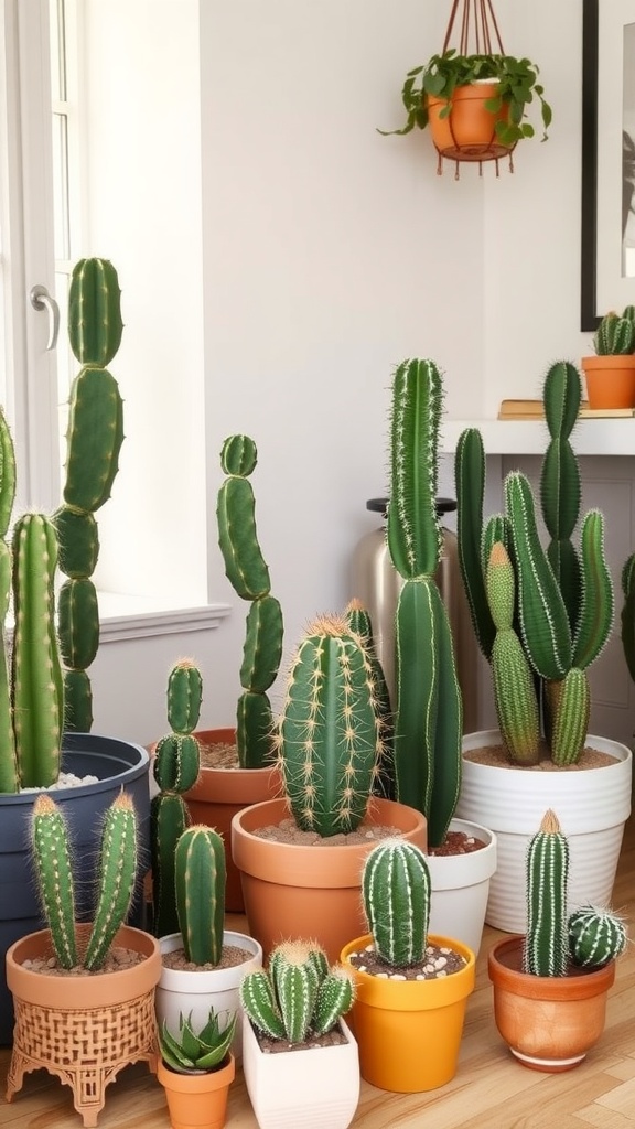 A variety of cacti in different pots arranged in a bright, cozy indoor setting.
