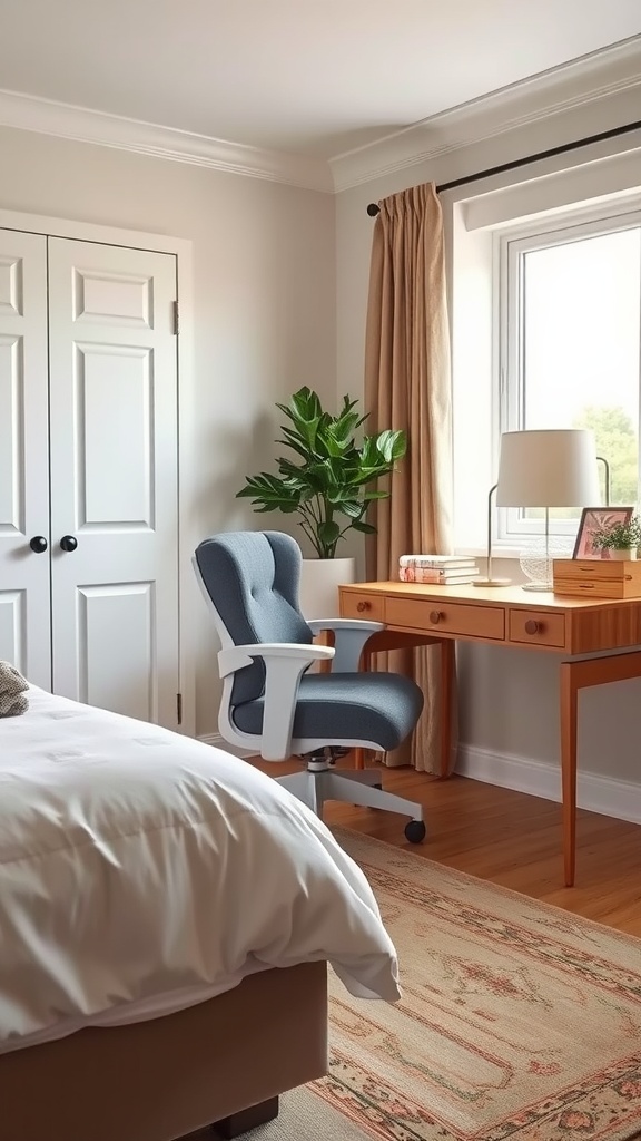 A cozy bedroom corner featuring a stylish desk with a chair, showcasing a modern and inviting workspace.