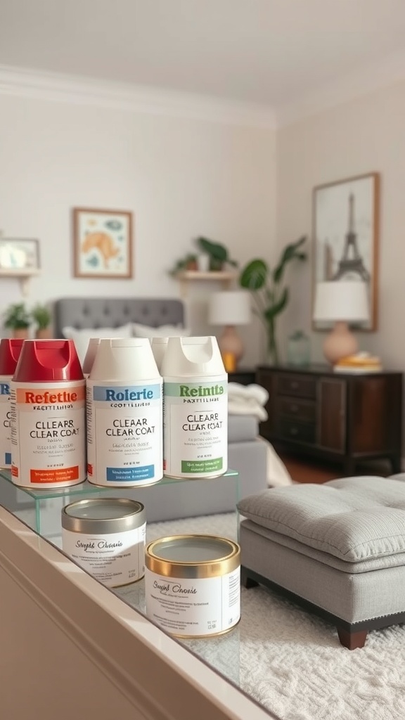 Various clear coat products displayed on a shelf in a living room setting.