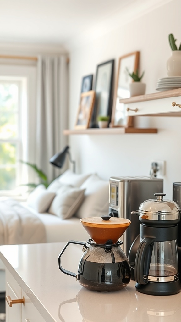 A stylish kitchen coffee station featuring a pour-over coffee maker and a French press on a countertop.