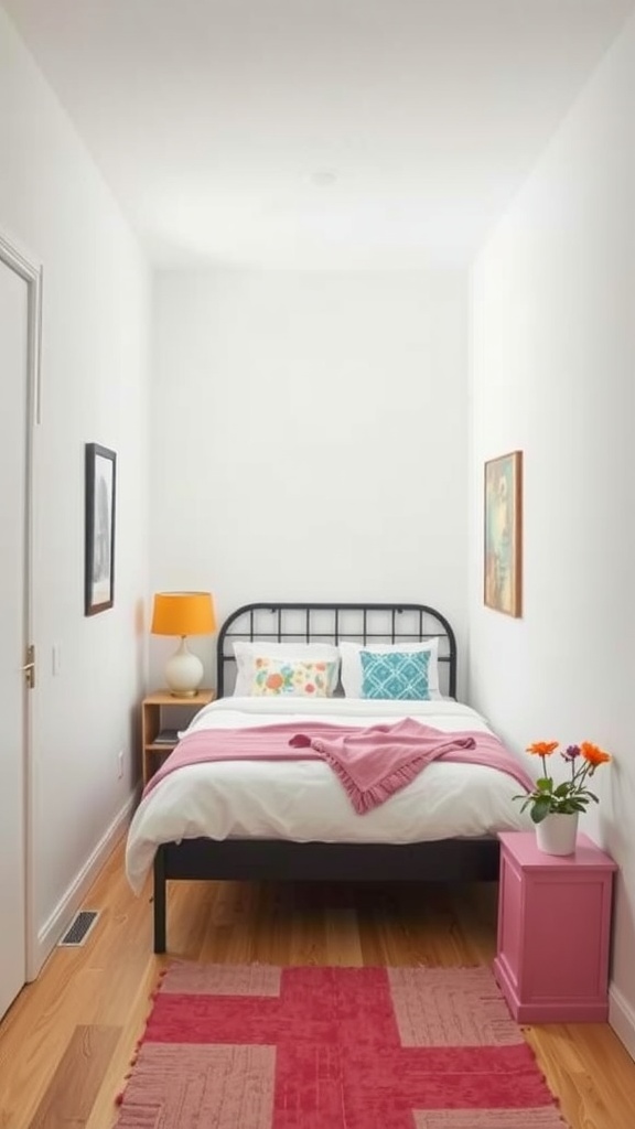 A narrow bedroom with a bed, colorful pillows, a pink side table, and a vibrant rug.