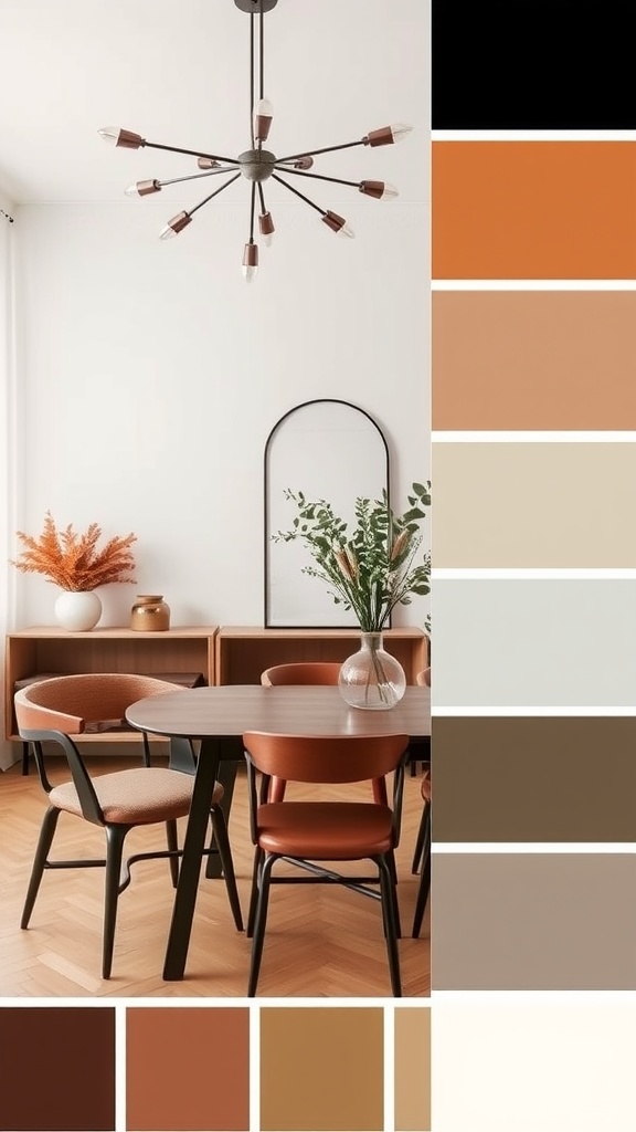 A cozy dining room and living room combo featuring warm earthy tones and a stylish chandelier.