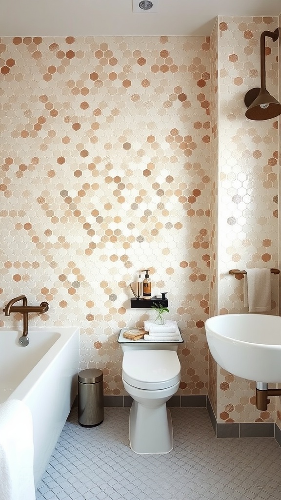 A modern bathroom featuring a penny tile floor with warm tones, white fixtures, and stylish accents.