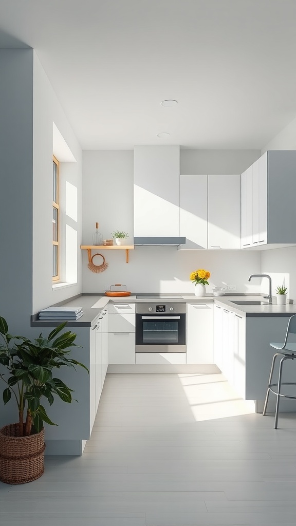 Modern apartment kitchen with white cabinets and gray accents featuring a plant and flowers.