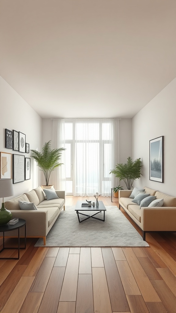 A spacious living room featuring two sofas, a coffee table, and plants, emphasizing a light color palette.