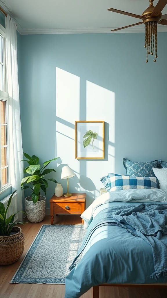 A serene bedroom with light blue walls, soft bedding, and plants, creating a peaceful atmosphere.