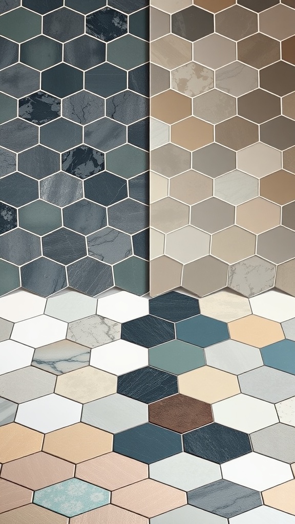 A collection of hexagon tiles in different colors and finishes for a bathroom floor.