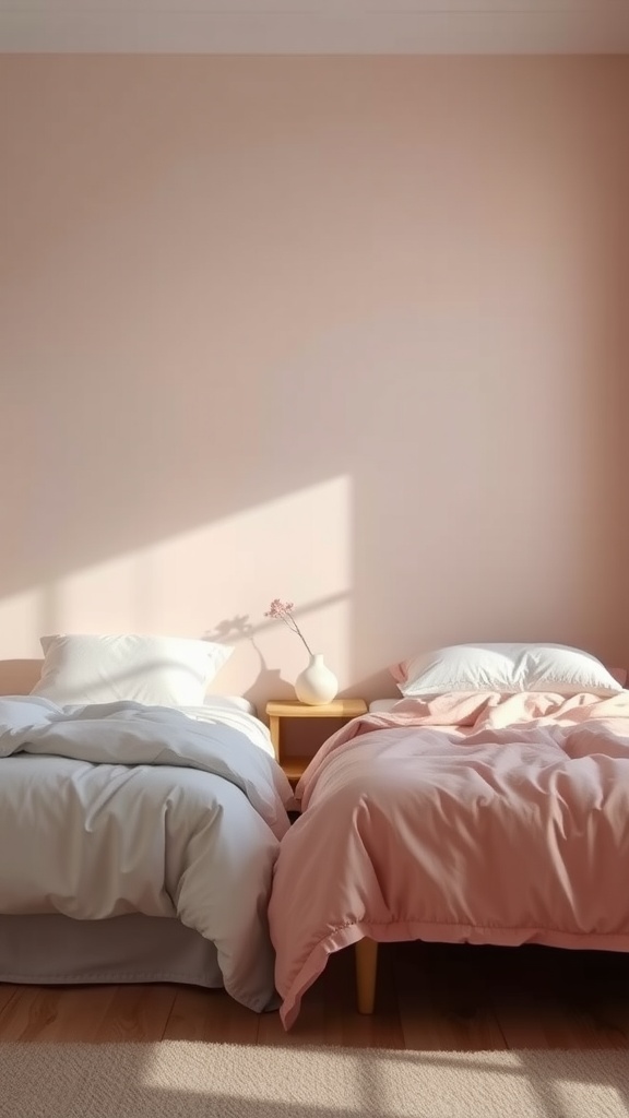A shared bedroom with one gray bed and one pink bed against a light pink wall, featuring a simple bedside table.