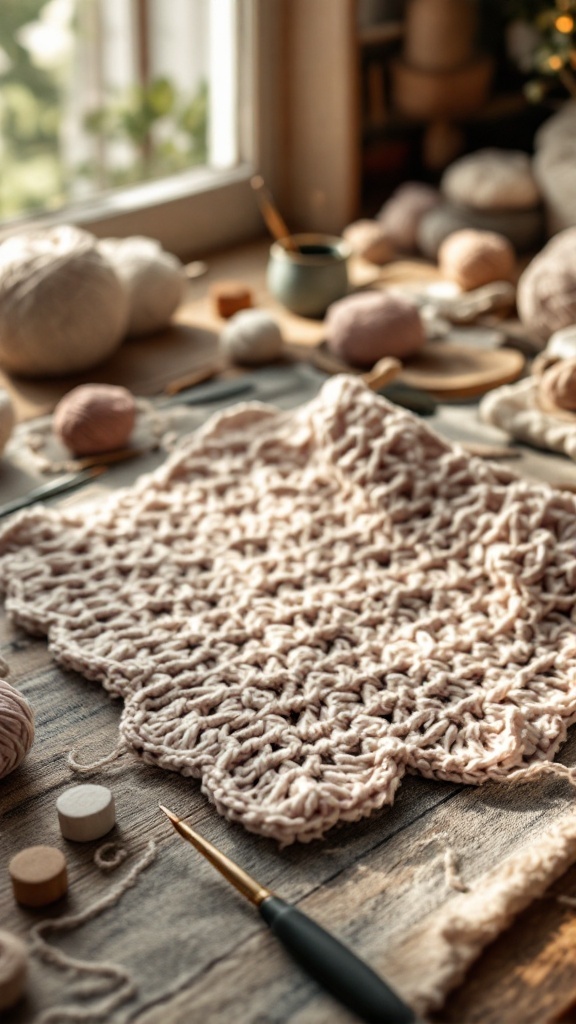 A crochet workspace featuring a partially finished baby dress, assorted yarn balls, and a crochet hook on a wooden surface.