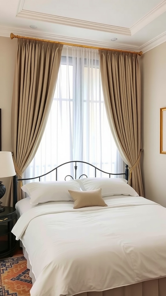 A cozy guest bedroom featuring long beige curtains, a white bed with pillows, and a decorative pillow, with natural light streaming in through the window.