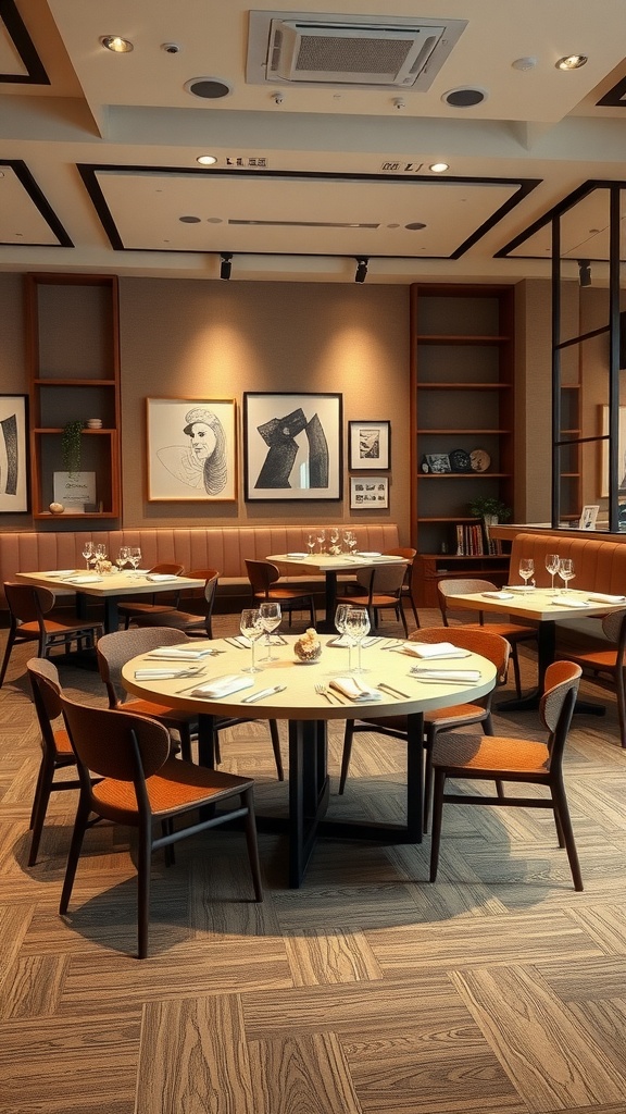 Image of a dining area featuring round tables, showcasing a cozy and modern design.