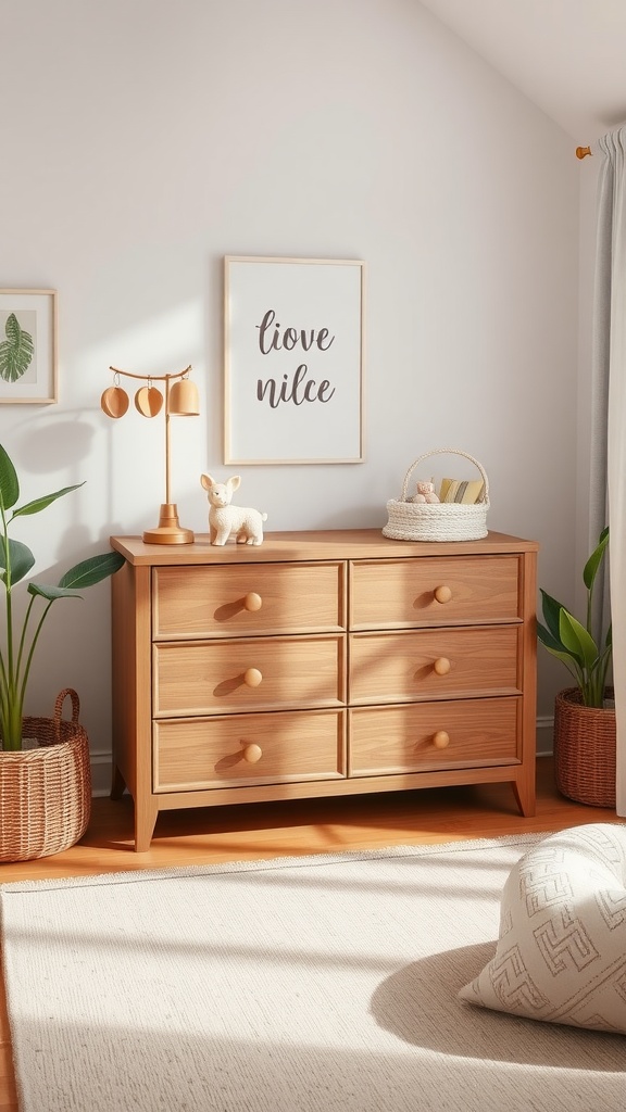 A light wood dresser with six drawers in a nursery setting, surrounded by plants and cozy decor.