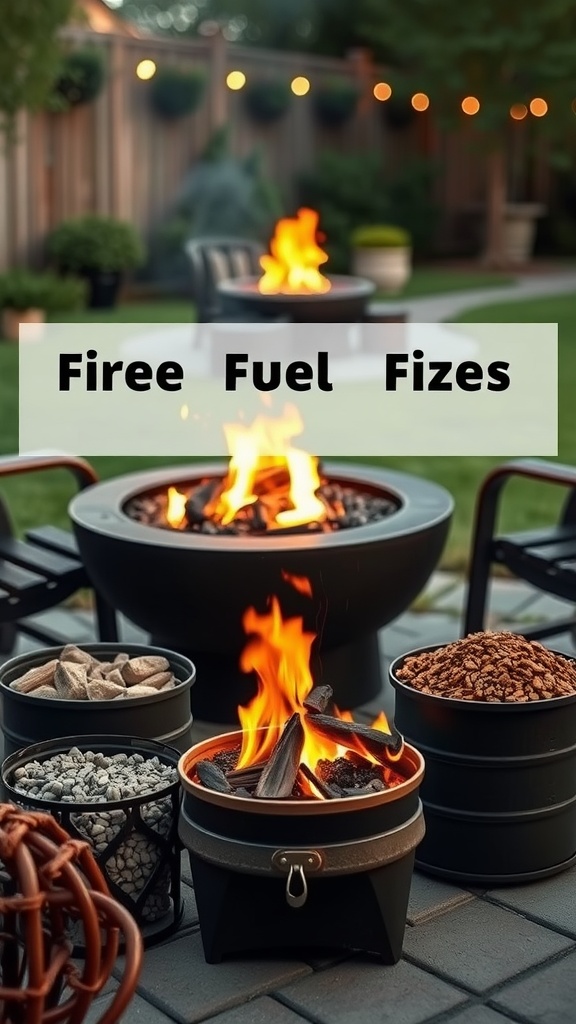 A cozy backyard fire pit setup with various fuel options, including wood, propane, and decorative stones, surrounded by comfortable seating.