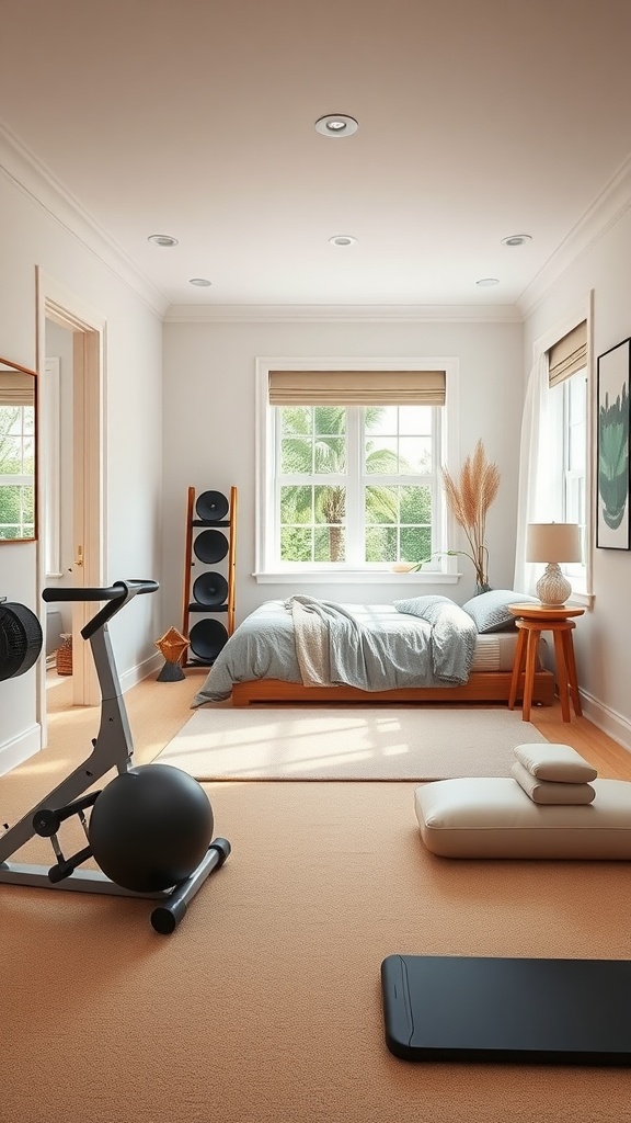 A cozy bedroom gym corner featuring soft flooring, exercise equipment, and a bright window view.