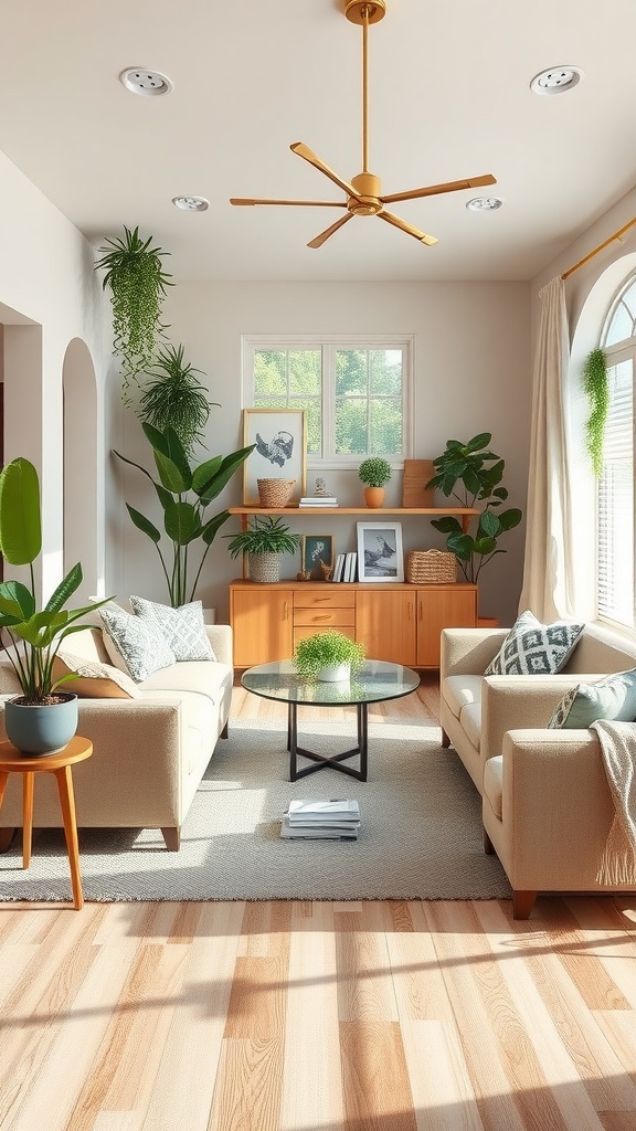 A bright living room with light wood flooring, two sofas, and plenty of plants.