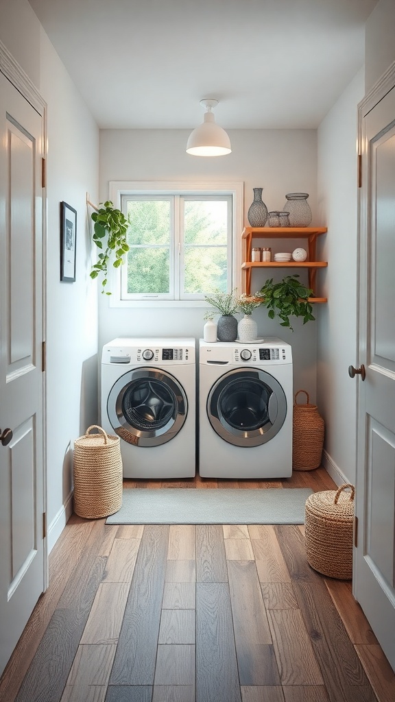 A small laundry room featuring two washing machines, wooden flooring, and decorative elements like plants and baskets.