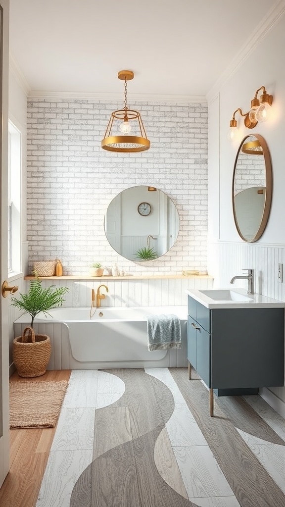 A stylish Jack and Jill bathroom featuring a mix of wood and tile flooring, modern fixtures, and natural light.