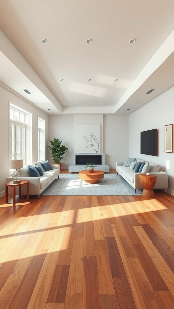 A long rectangle living room featuring wooden flooring, two sofas, a coffee table, and natural light from large windows.