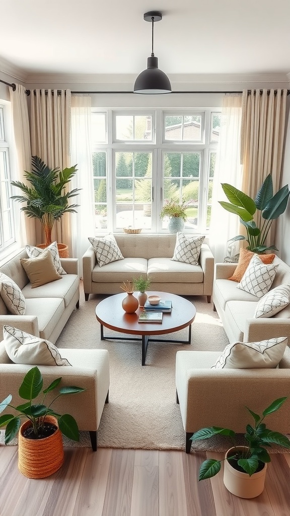 A cozy family room featuring a circular arrangement of light-colored sofas surrounding a round coffee table, with various plants placed around the room.