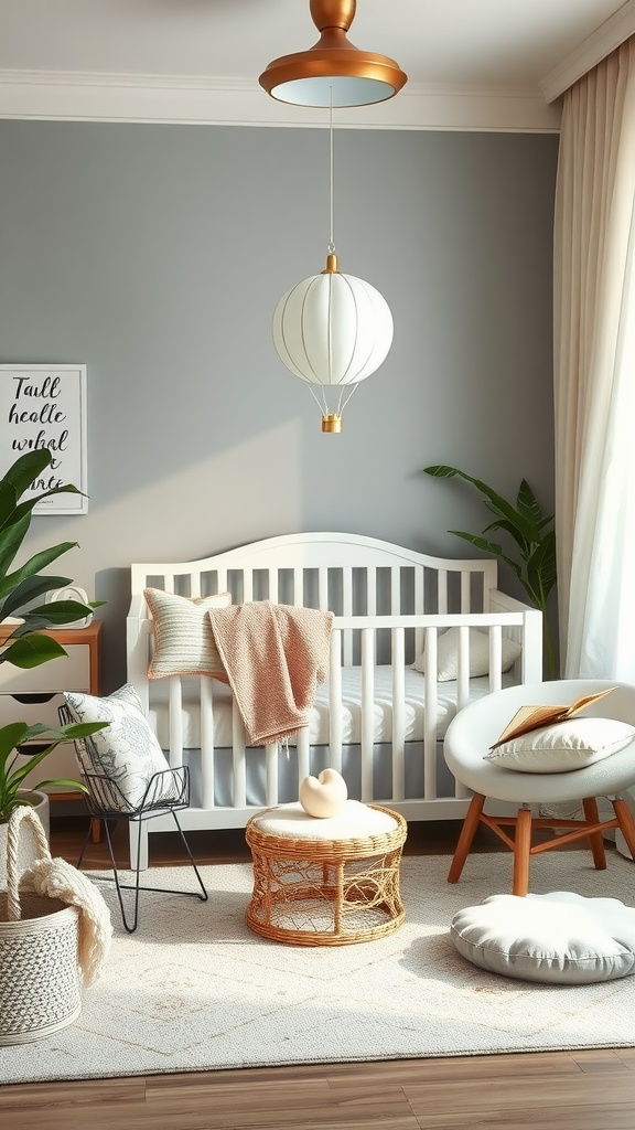 A nursery with a hot air balloon theme, featuring a white crib, a pendant light shaped like a hot air balloon, and cozy seating.