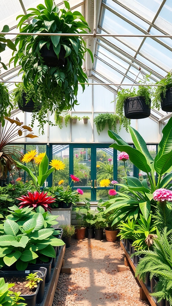A vibrant greenhouse filled with various plants, including hanging ferns and colorful flowers, showcasing lush greenery in a bright environment.