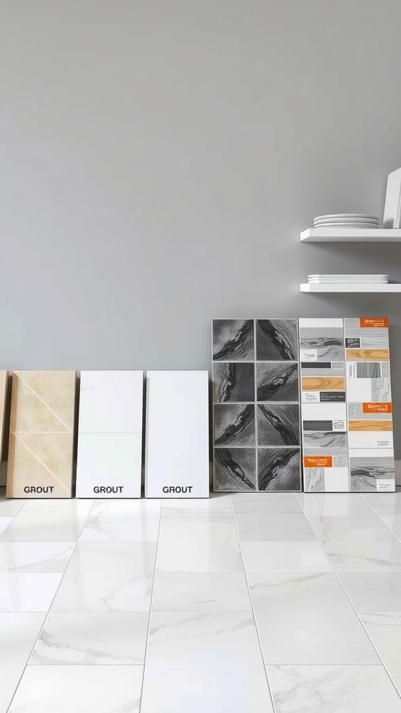 An array of grout options alongside stylish peel and stick tiles.