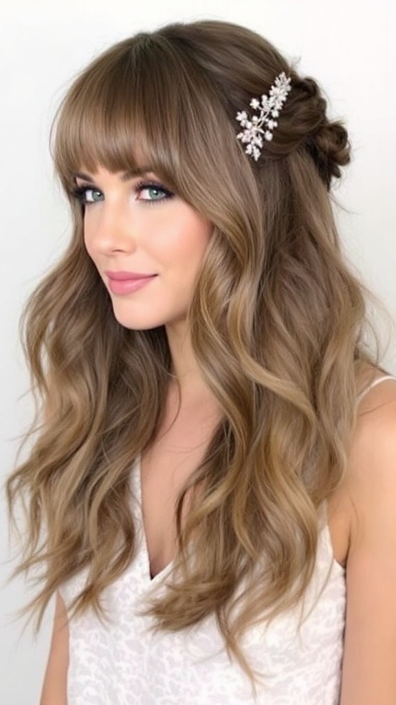 A collection of hair care products arranged around long, wavy hair styled in a half up half down look.