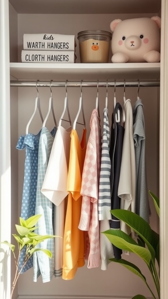 A kids' closet featuring colorful clothing on hangers and playful decor items.