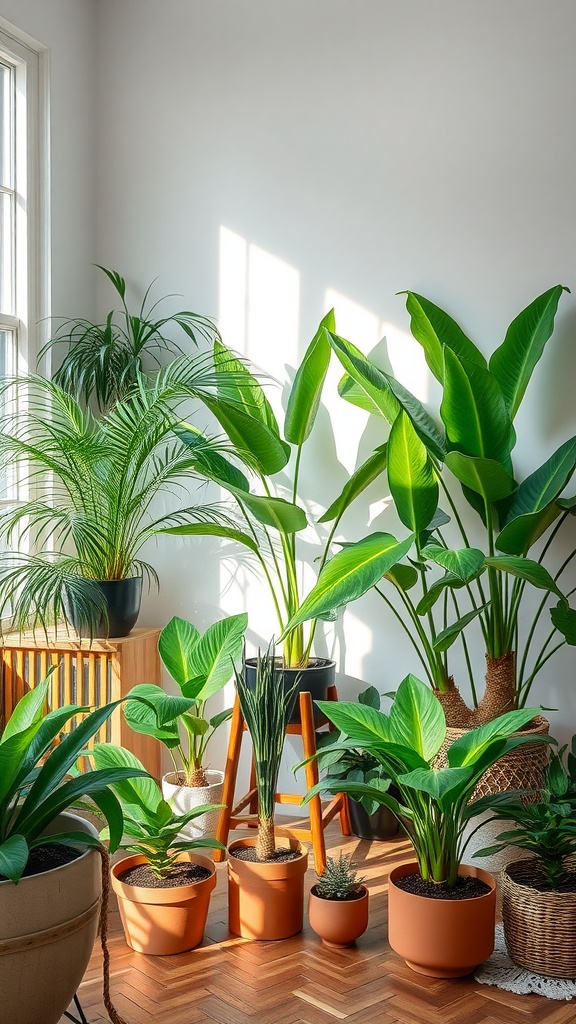 A bright room filled with various indoor plants in different pots, showcasing a lively green atmosphere.