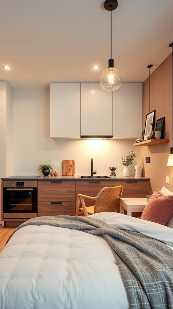 A modern apartment kitchen featuring pendant lights, a cozy dining area, and stylish cabinetry.