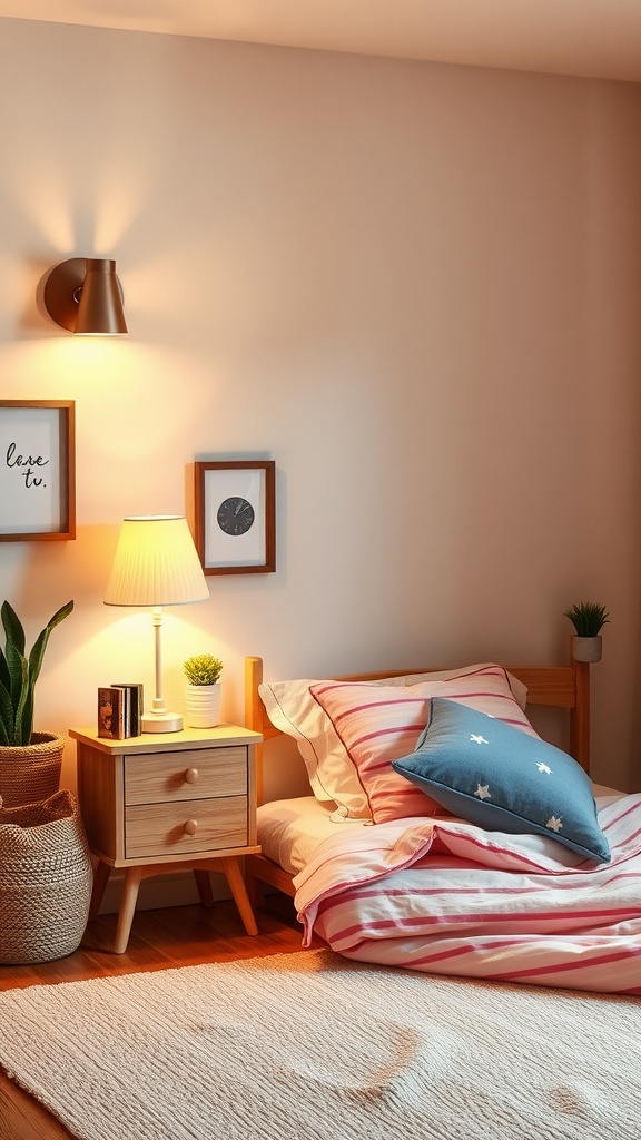 A cozy toddler bedroom with soft lighting from a bedside lamp and wall sconces.