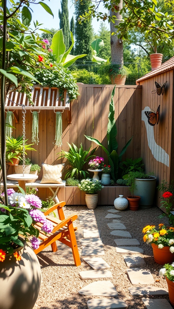 A tranquil garden scene with plants and flowers, ideal for a butterfly nursery.