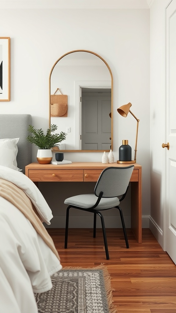 A stylish bedroom setup featuring a wooden desk, a comfortable chair, and a large mirror.