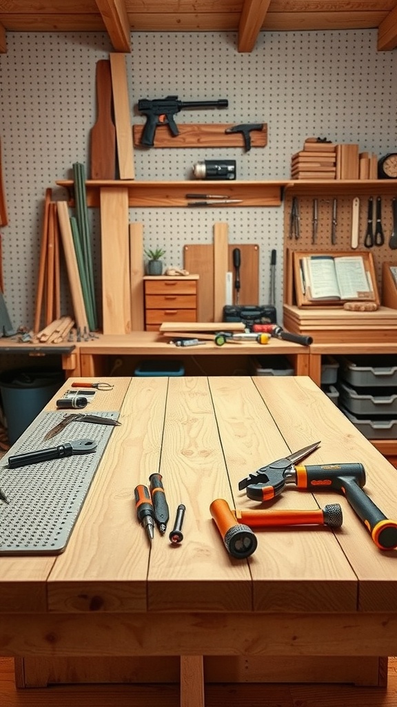 A workspace with tools and wooden planks, ideal for building a picnic table.