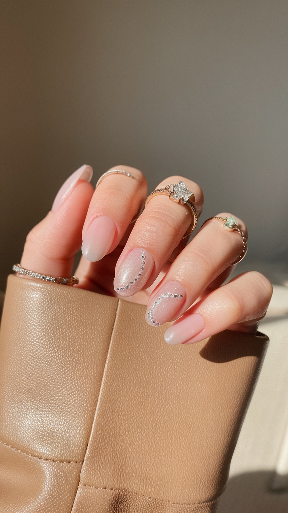 Close-up of elegantly manicured slim nails with a soft design and embellishments.
