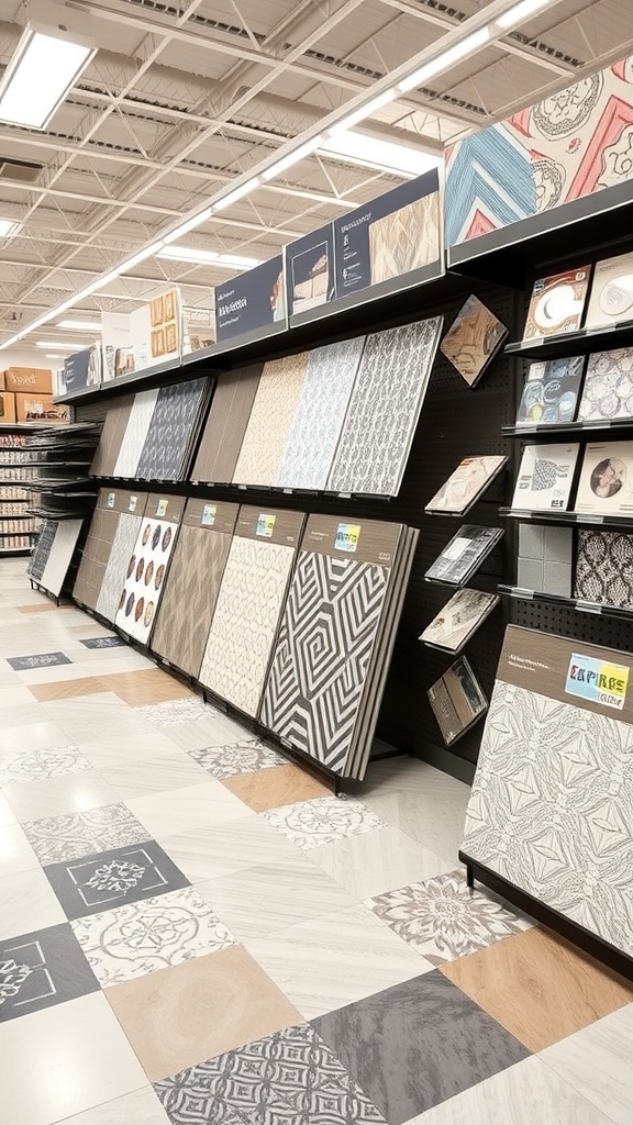 Display of various peel and stick tiles in a store, showcasing different patterns and colors.
