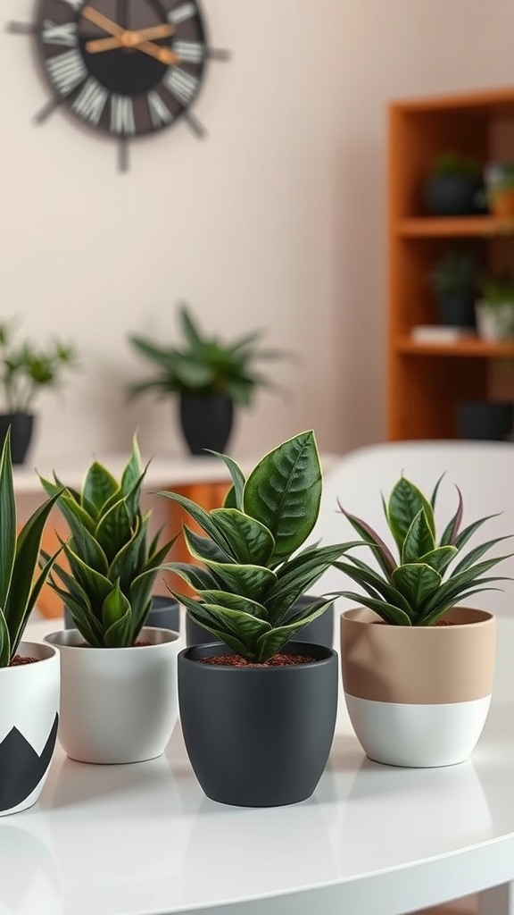 A collection of black house plants in various pots on a table, showcasing different designs and colors.