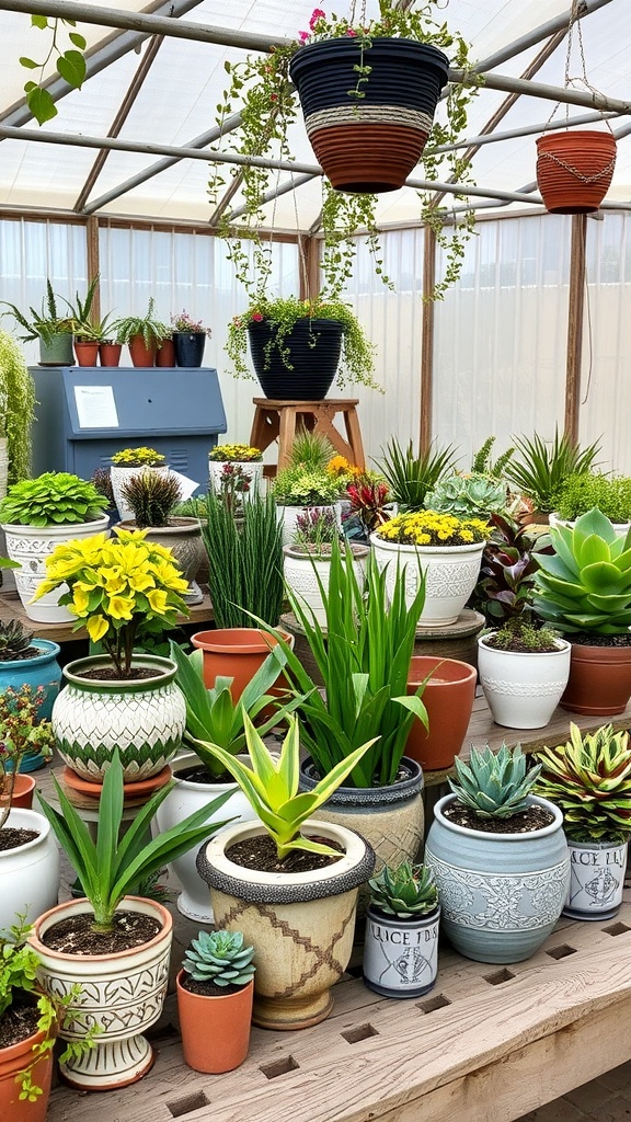 A variety of pots and containers for houseplants, showcasing different styles, sizes, and arrangements in a greenhouse setting.