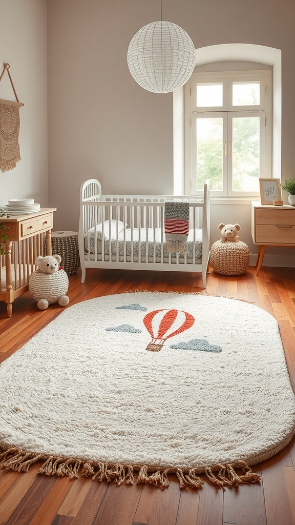 A cozy hot air balloon themed nursery rug with a hot air balloon design and clouds