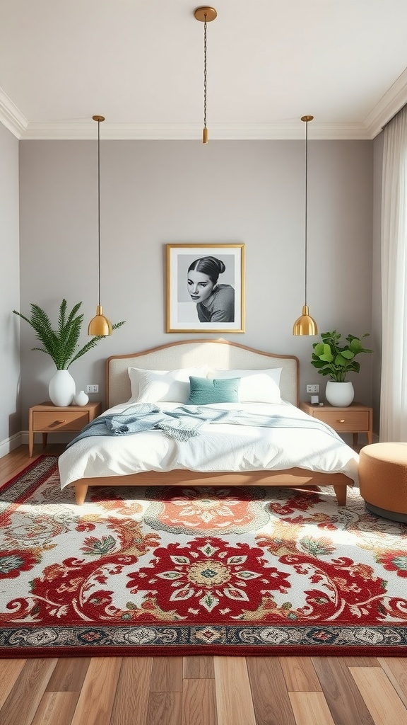 A stylish bedroom featuring a vibrant area rug with intricate patterns, complemented by warm lighting and modern decor.